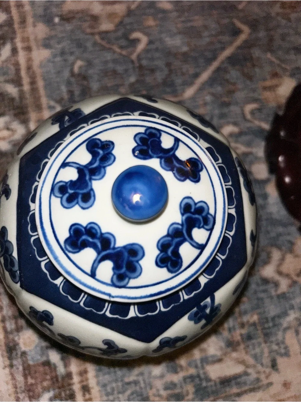 Blue and White Floral Porcelain jar with Lid and stand - Classic Home Accent
